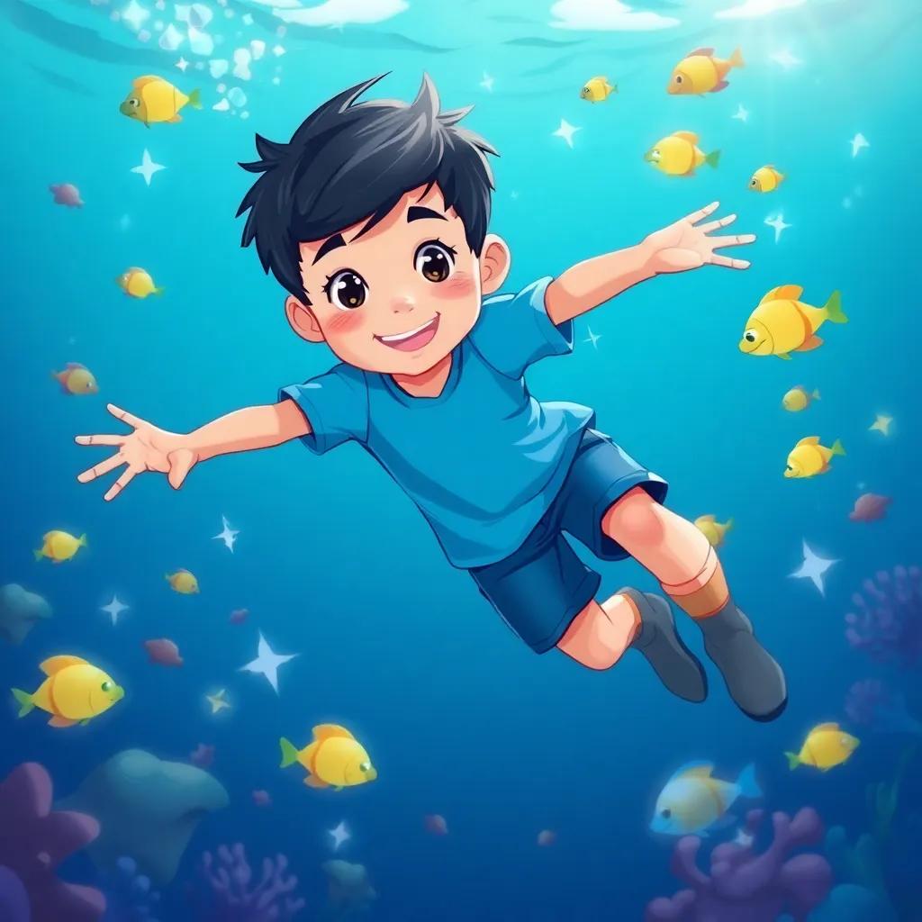 Sami, a brave young boy with short black hair in a blue t-shirt and shorts, diving into the deep blue sea, surrounded by sparkling underwater treasures and colorful fish, illustration, cheerful, child-friendly adventure theme, high quality