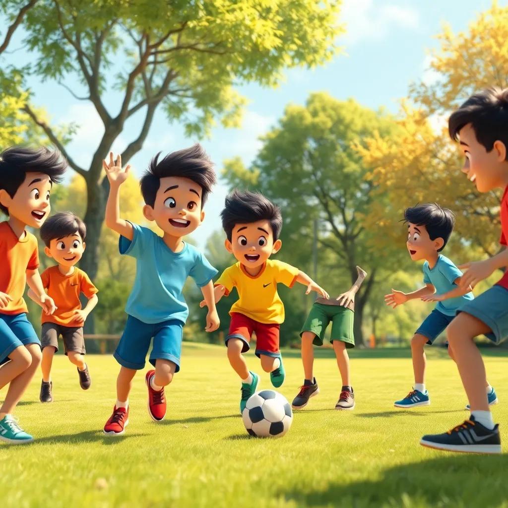 A group of young boys playing football in a sunny park with trees, one boy, Said, trying to dance while playing, joyful expressions, colorful clothes, vibrant atmosphere, high quality