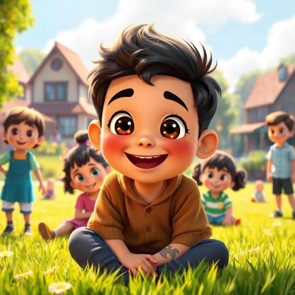 A happy boy named Adel, with bright eyes and a big smile, sitting on the grass surrounded by children, in a sunny village park, digital art, warm colors, joyful atmosphere, high quality