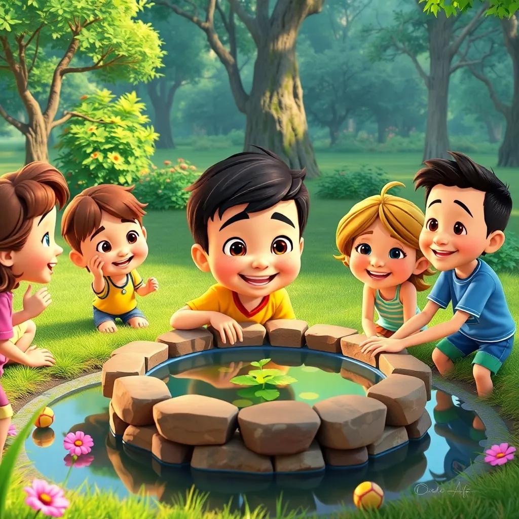 Adel, a young boy with bright face, encouraging his friends to help him build a small pond, everyone smiling and laughing, colorful scene in the park, cheerful art, high quality