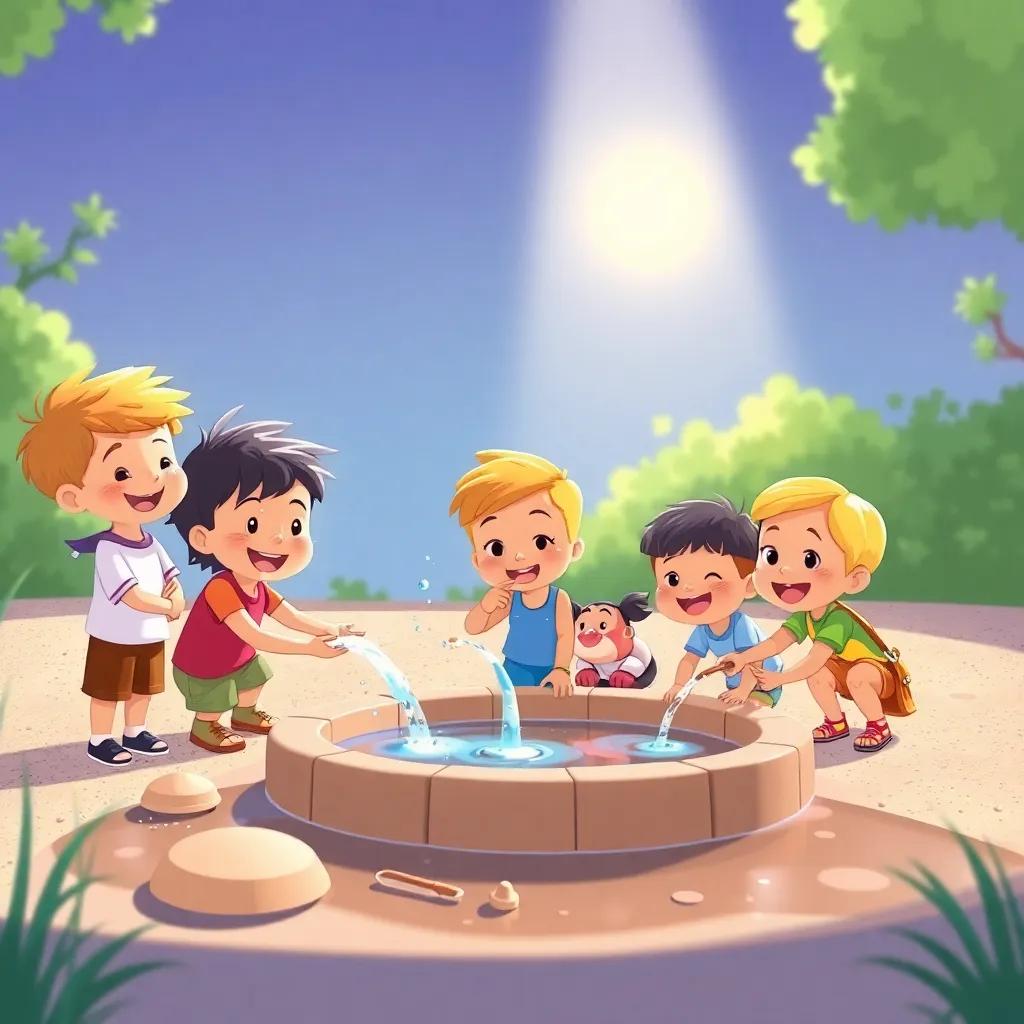 Happy children working together to fill a small pond with water, with Adel leading the fun, sunlight shining down, friendly atmosphere, lively colors, joyful illustration, child-friendly scene