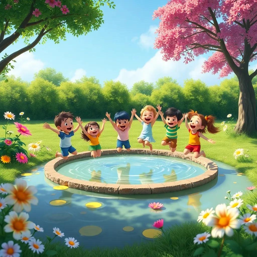 A small pond filled with water, children jumping around joyfully, with flowers and trees surrounding it, vibrant summer scene, cheerful digital art, bright colors, heartwarming