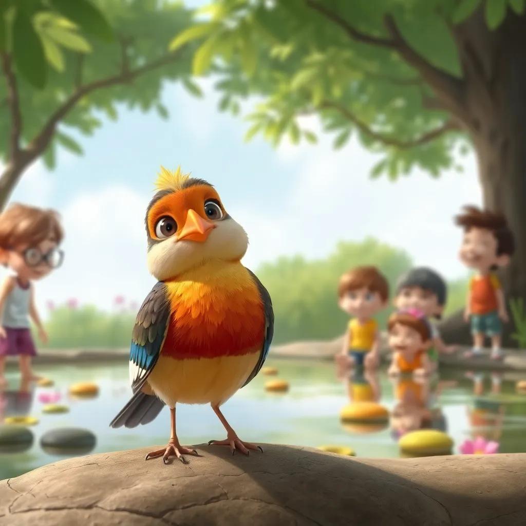 A small bird observing the children playing around the pond, colorful feathers and curious eyes, with Adel and friends laughing in the background, friendly perspective, uplifting illustration, high quality