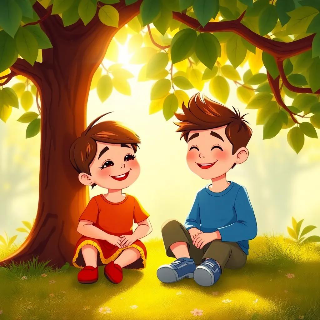 Two friends sitting under a tree, resting while smiling at one another, light shining through leaves, colorful setting, cheerful mood, child-friendly design, warm art