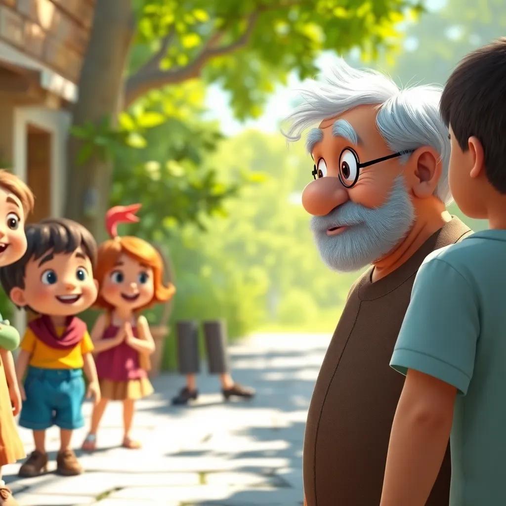 An old man approaching the happy children, with a surprised expression, sunlight illuminating the scene, friendly and heartwarming, bright colors, inviting atmosphere, storytelling perspective