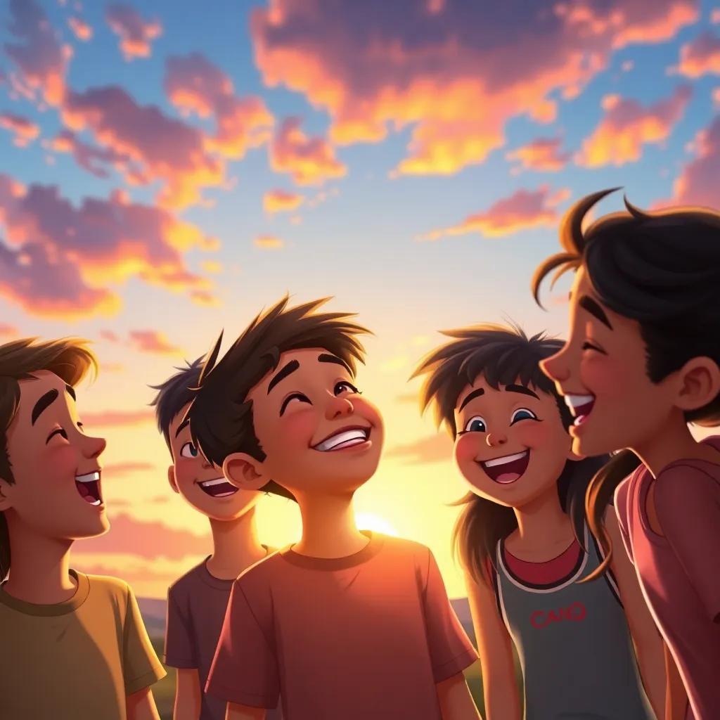 Adel, a young boy with a bright smile, laughing with his friends at sunset, their joy evident, heartwarming scene, colorful skies, friendship theme, digital art, high quality