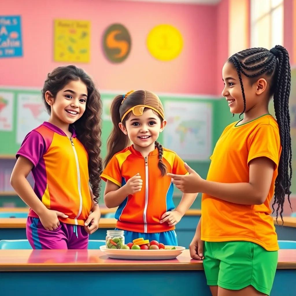 Three girls in a bright classroom, Shama, a young Arab girl with curly hair wearing a vibrant sports outfit, Shaikha, with long hair in a ponytail, dressed in a colorful sports uniform, and Athari, with braided hair in a bright t-shirt and shorts, discussing their eating habits with enthusiasm and smiles, colorful, warm lighting, cheerful atmosphere, child-friendly