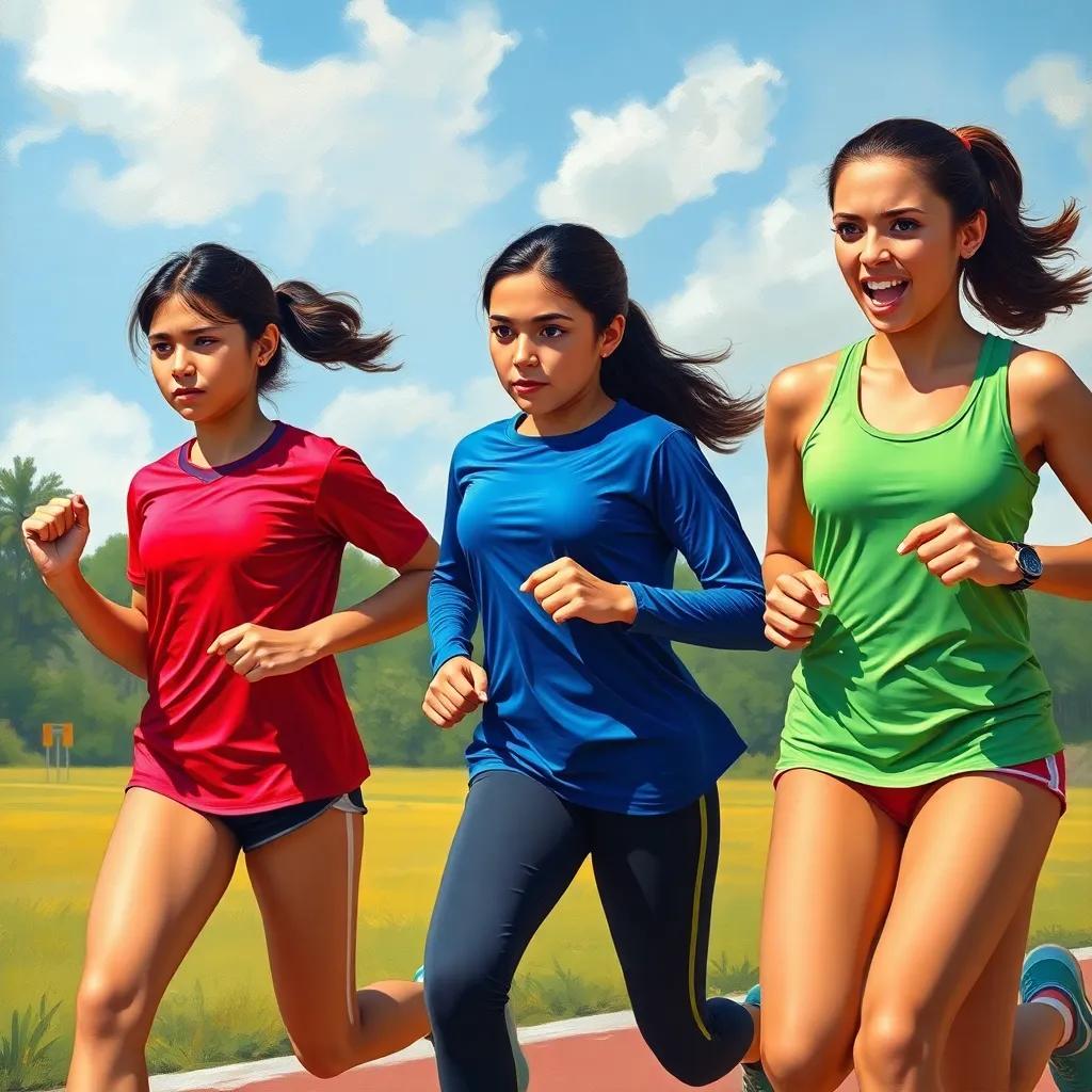 The three girls training outdoors on a sunny day, Shama looking tired in a bright red jersey, Shaikha with a worried expression in a blue shirt, and Athari, full of energy wearing a green tank top, as they run together and discuss healthy food choices, vibrant colors, encouraging vibes, motivational scene