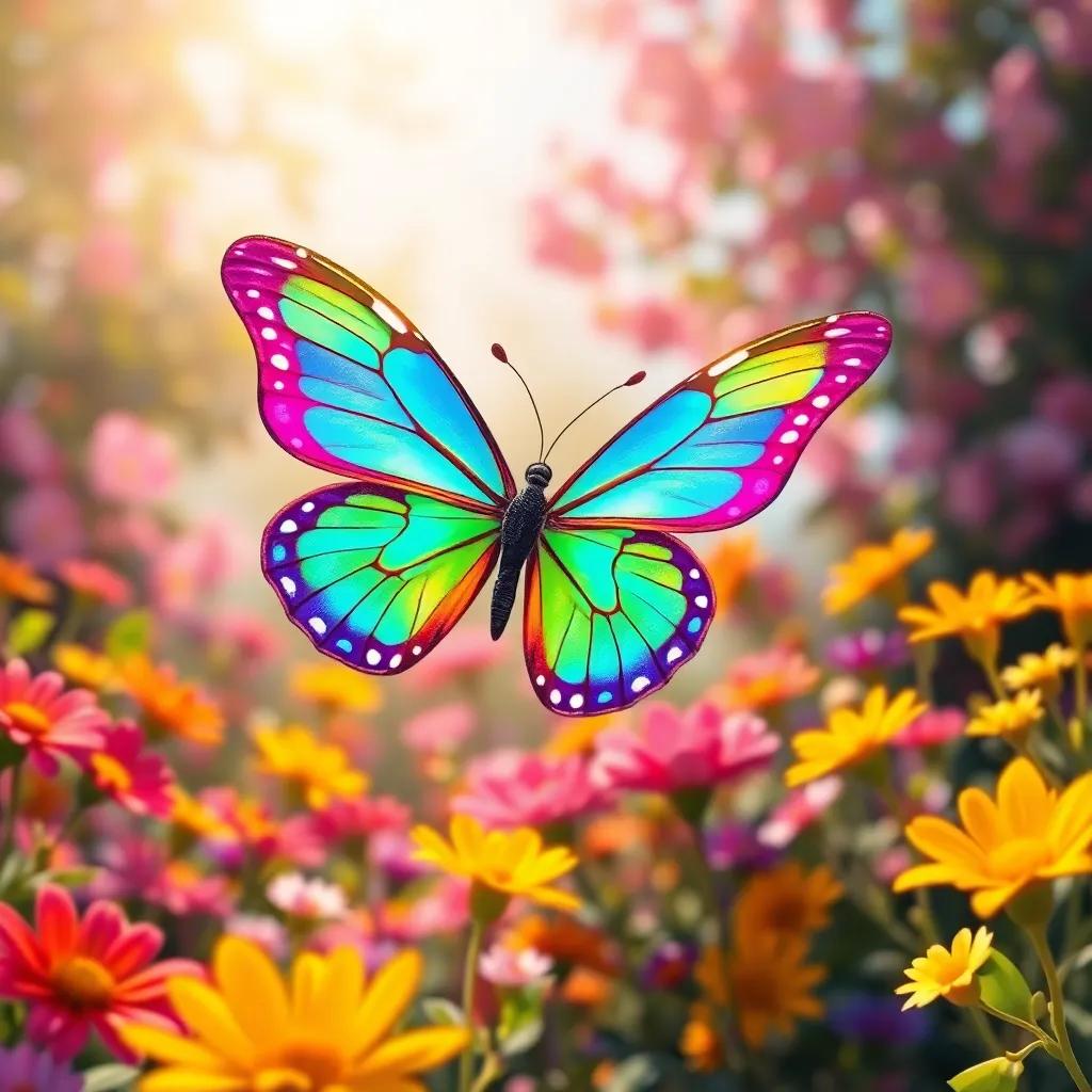 A beautiful butterfly, bright colors, flying happily in a colorful garden filled with blooming flowers, warm sunlight, cheerful atmosphere, digital art, vibrant, friendly