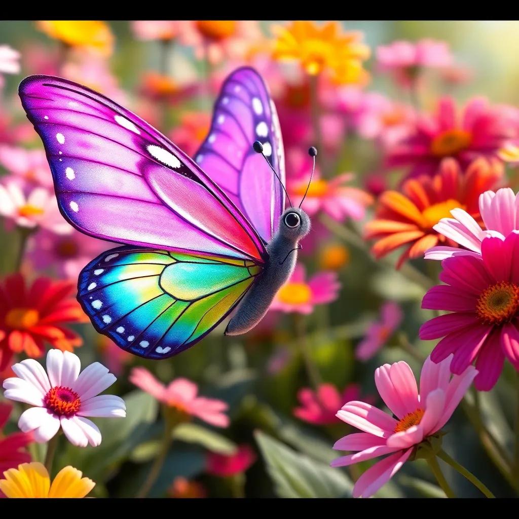 A beautiful butterfly named Layla, with shimmering wings, flying joyfully between colorful flowers in a vibrant garden, digital art, bright colors, cheerful atmosphere, close-up view, high quality