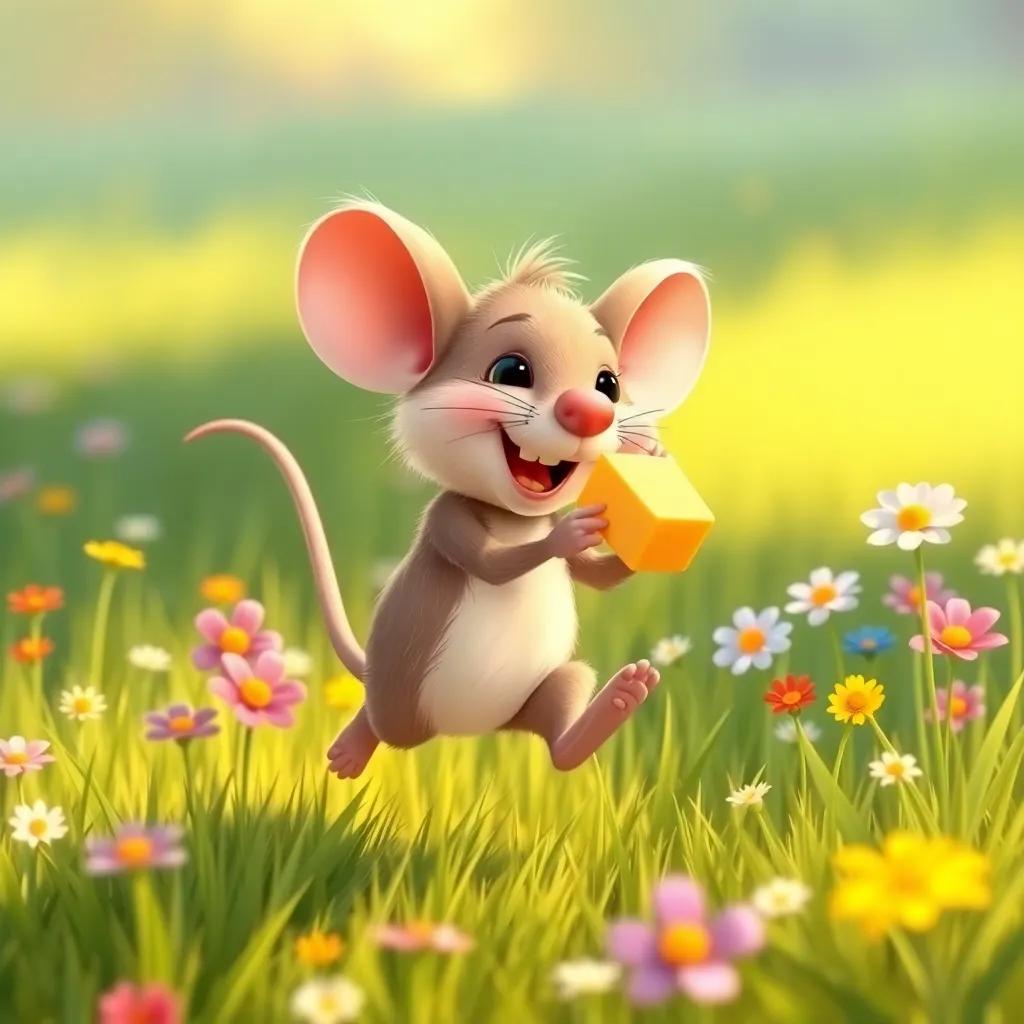 A cheerful mouse, running quickly through a grassy field, holding a small piece of cheese, with colorful flowers around him, playful, child-friendly illustration, soft light, vivid colors, warm scene, high quality