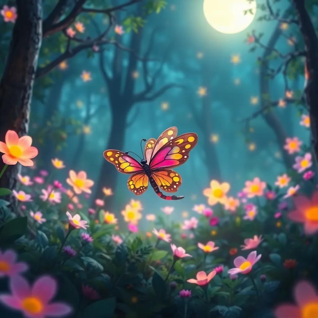 A small butterfly, Leila, with colorful wings, dancing under the moonlight in a beautiful forest, surrounded by glowing flowers, digital art, magical atmosphere, vibrant colors, joyful scene, high quality