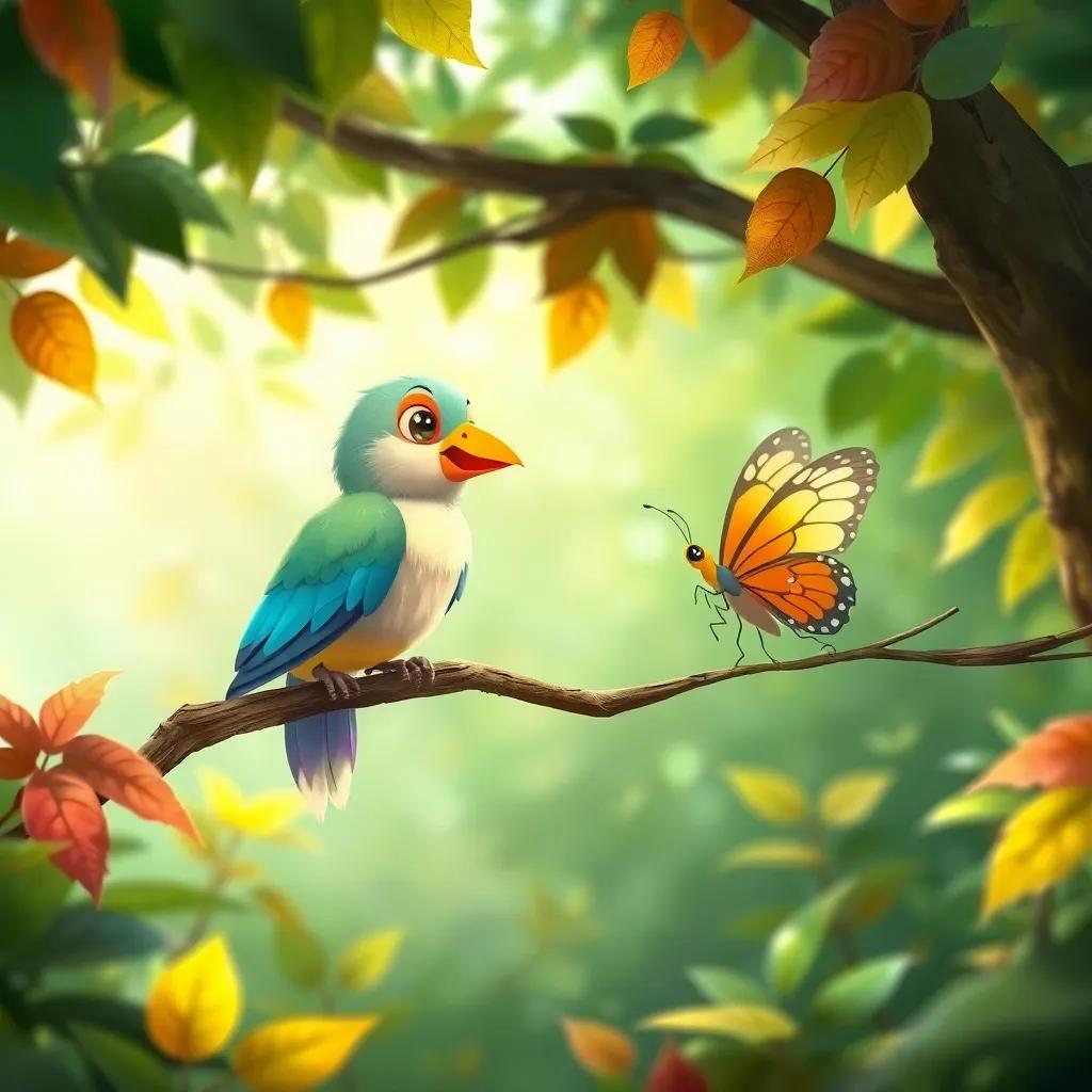 A beautiful bird, Sami, talking to Leila the butterfly, perched on a branch in a lush green forest, filled with colorful leaves and soft light, illustration, friendly atmosphere, engaging scene, child-friendly