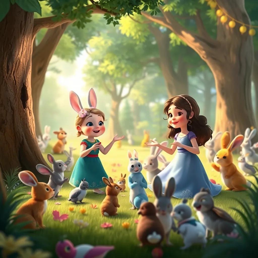 Leila and Sami inviting forest creatures to the party with excitement, a gathering of rabbits, birds, and little animals in a clearing, bright and cheerful colors, warm light, lively scene, storybook quality