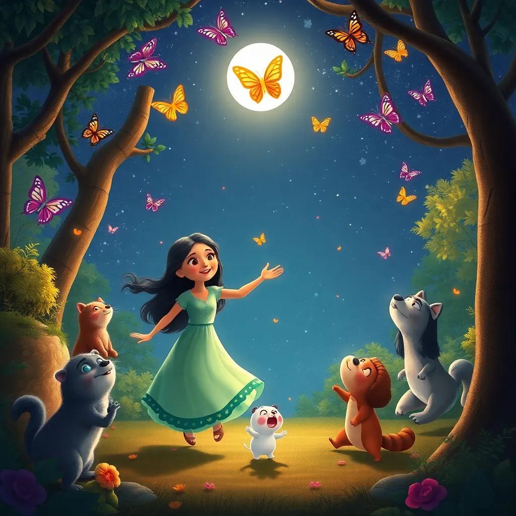 All the forest creatures dancing joyfully around Leila and Sami, under the moonlit sky filled with stars, colorful butterflies flying above, a harmonious atmosphere, illustration, magical enchantment, high quality