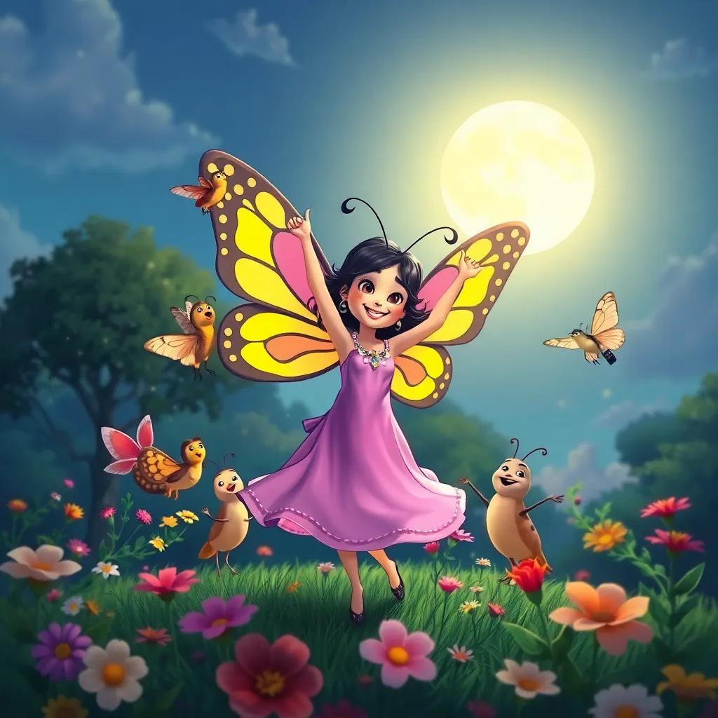 Leila the dancing butterfly, with all her friends around her, celebrating joyfully under the glow of the moon, surrounded by flowers and trees, vibrant and heartwarming scene, engaging and uplifting artwork