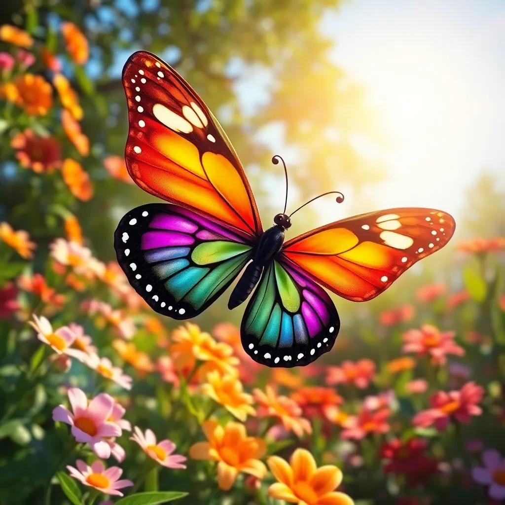A beautiful butterfly, Lami, with colorful wings flying over a flower-filled garden under bright sunlight, digital art, vibrant colors, cheerful atmosphere, high quality