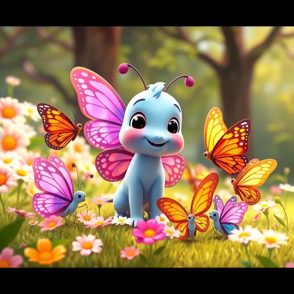 A group of butterflies with different colors gathering around Lami, with bright flowers and trees in the background, illustration, friendly, warm light, child-friendly