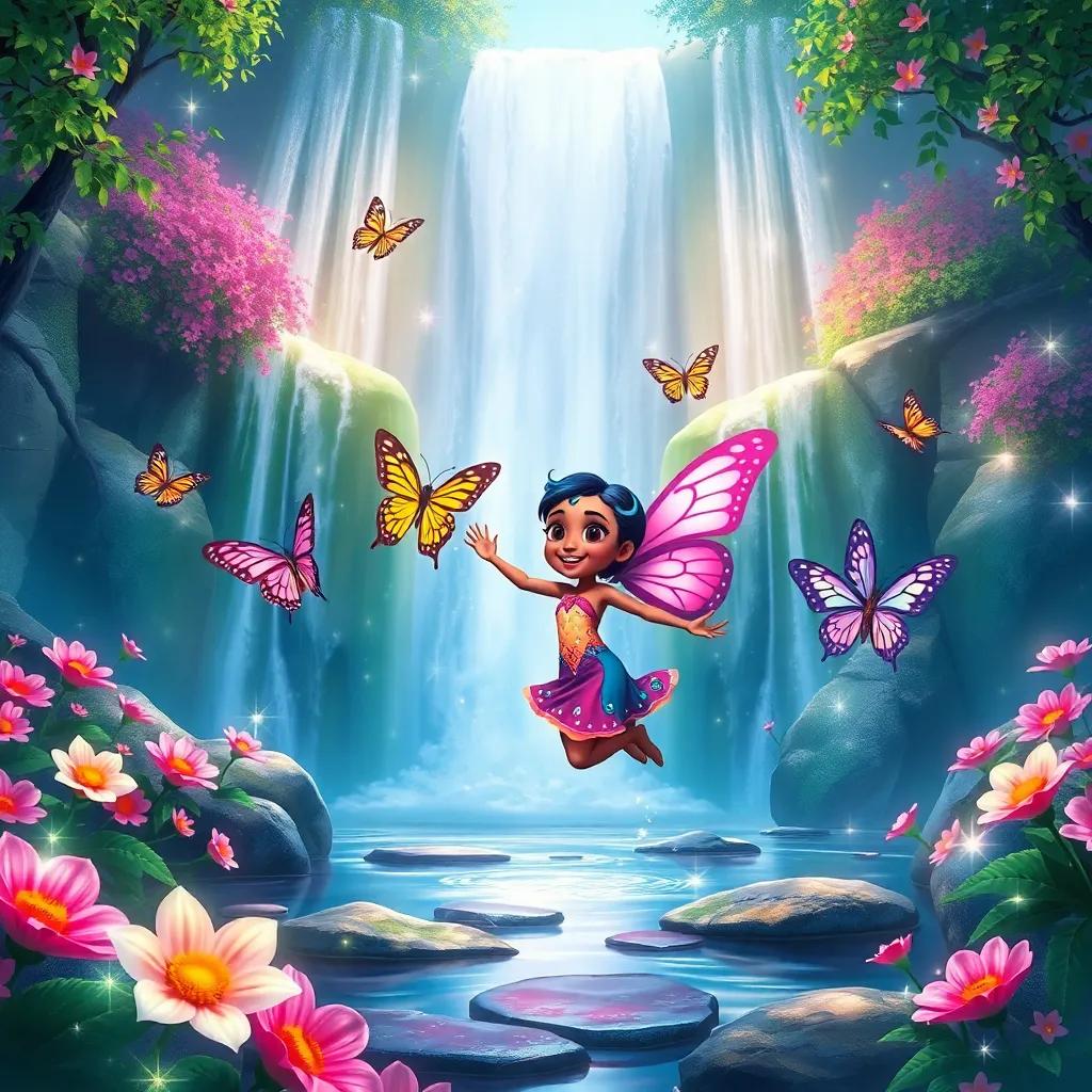 Lami and her butterfly friends dancing around a colorful waterfall, with sparkling flowers and trees around, magical scene, joyful, bright colors, artistic perspective, high quality