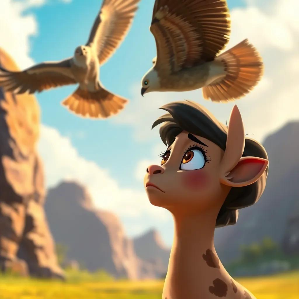 Lami looking up at a big bird soaring above her, with a look of concern but determination on her face, outdoor scene, dramatic light, varied colors, engaging perspective