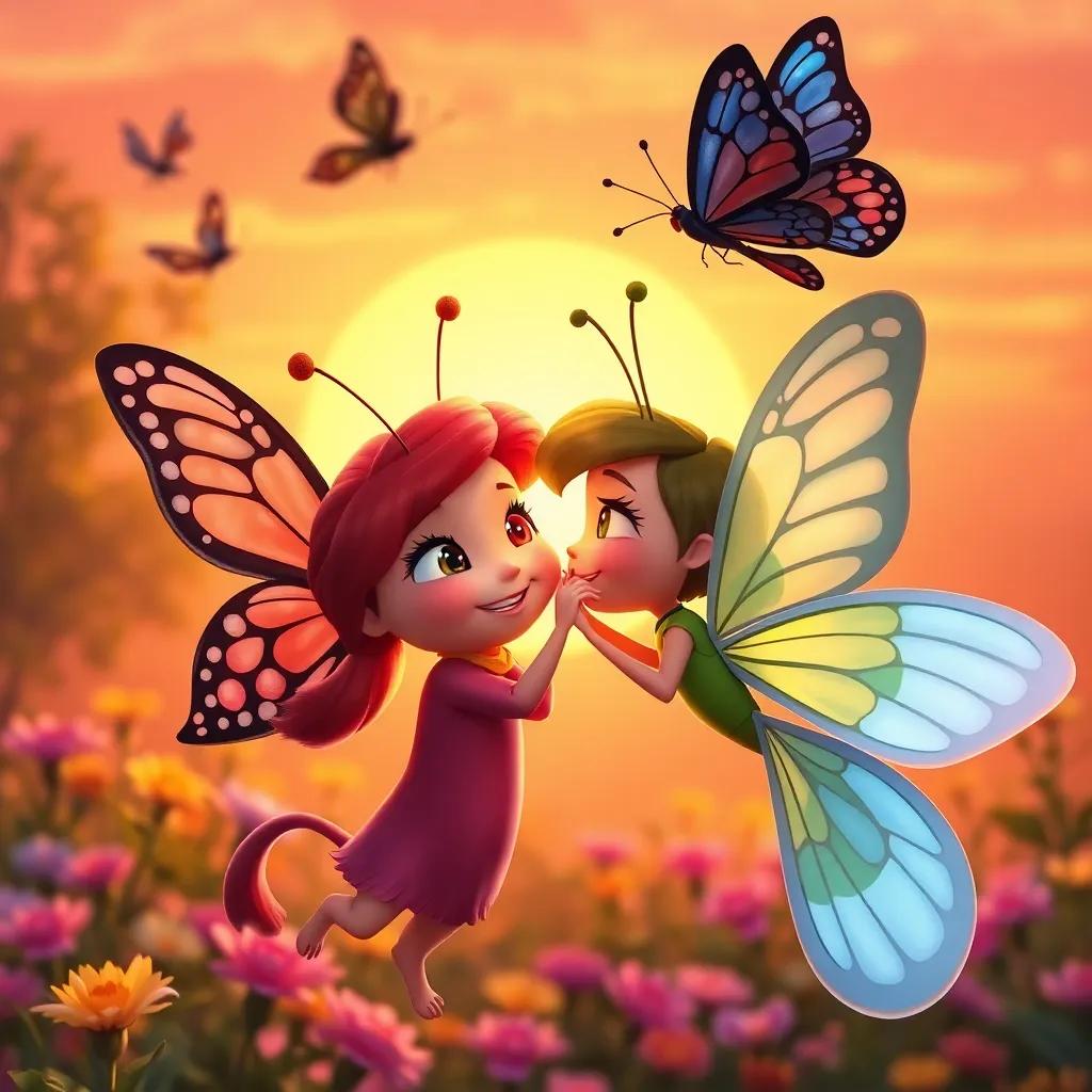 Butterflies supporting Lami as they fly together back to the garden, with a warm sunset in the background, joyful reunion, vibrant colors, heartwarming imagery, high quality
