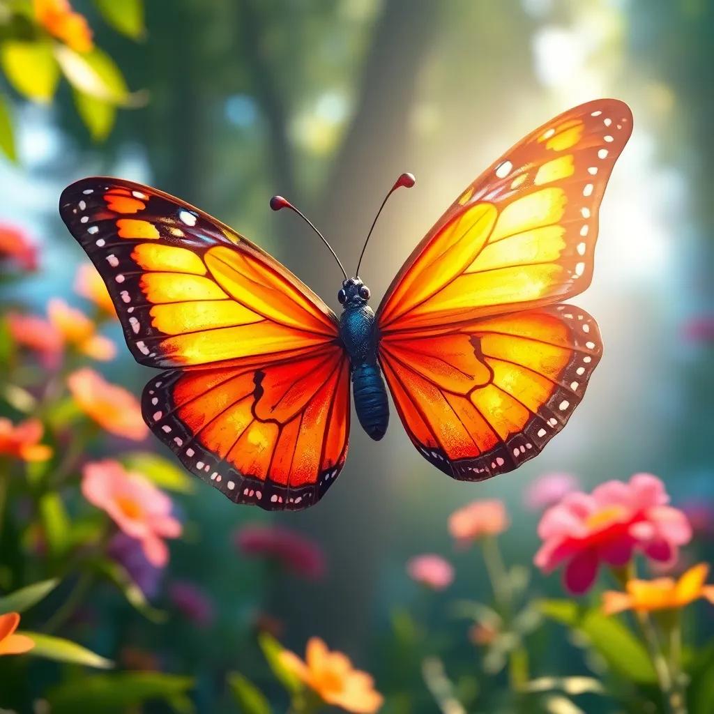 A beautiful butterfly, Sarah, confidently hovering in front of Noura, with orange and blue wings shimmering in sunlight, magical garden background, vibrant colors, cheerful mood