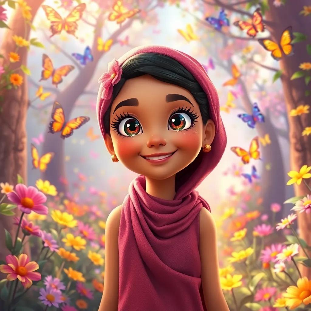 Noura, with sparkling eyes, standing in a magical, colorful forest filled with dancing butterflies and bright flowers, joyful expression, lively atmosphere, high quality