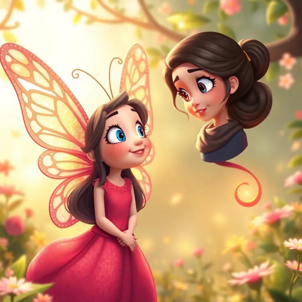 Sarah, a gorgeous butterfly with shimmering wings, speaking to Noura, who looks amazed in this bright enchanted world, using warm light and a whimsical background, charming illustration