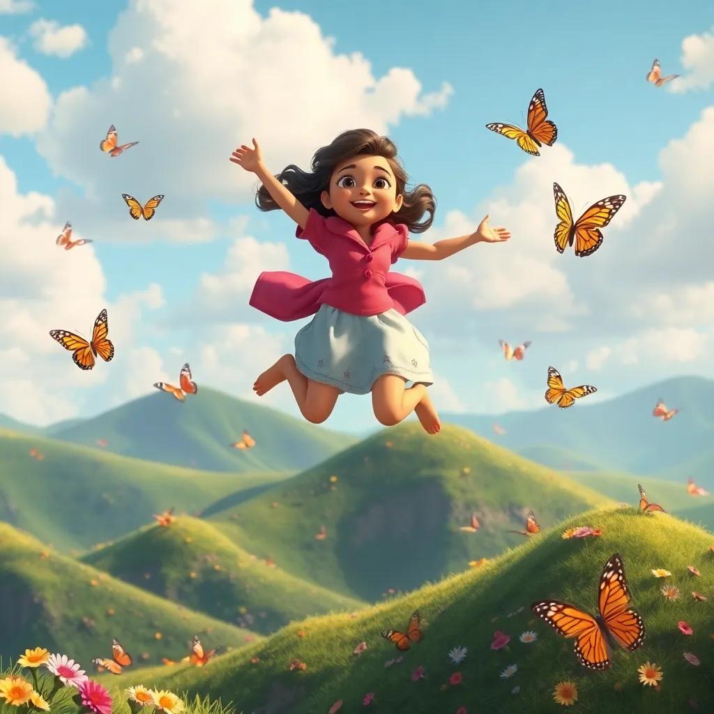 Noura happily jumps and flies over hills with butterflies, representing her spirit of flying, cheerful bubbly atmosphere, dynamic perspective, vibrant colors, high quality