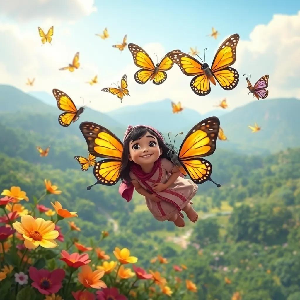 A group of cheerful butterflies surrounding Noura as they fly together over a beautiful landscape, filled with flowers and greenery, joyful and colorful, heartwarming scene, high quality