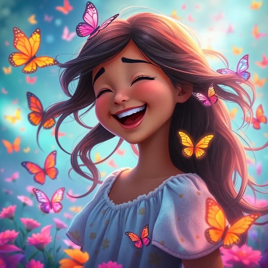 Noura laughing and feeling the breeze as she plays in the magical world, her hair flowing, surrounded by colorful butterflies, exciting atmosphere, visionary scene, rich color