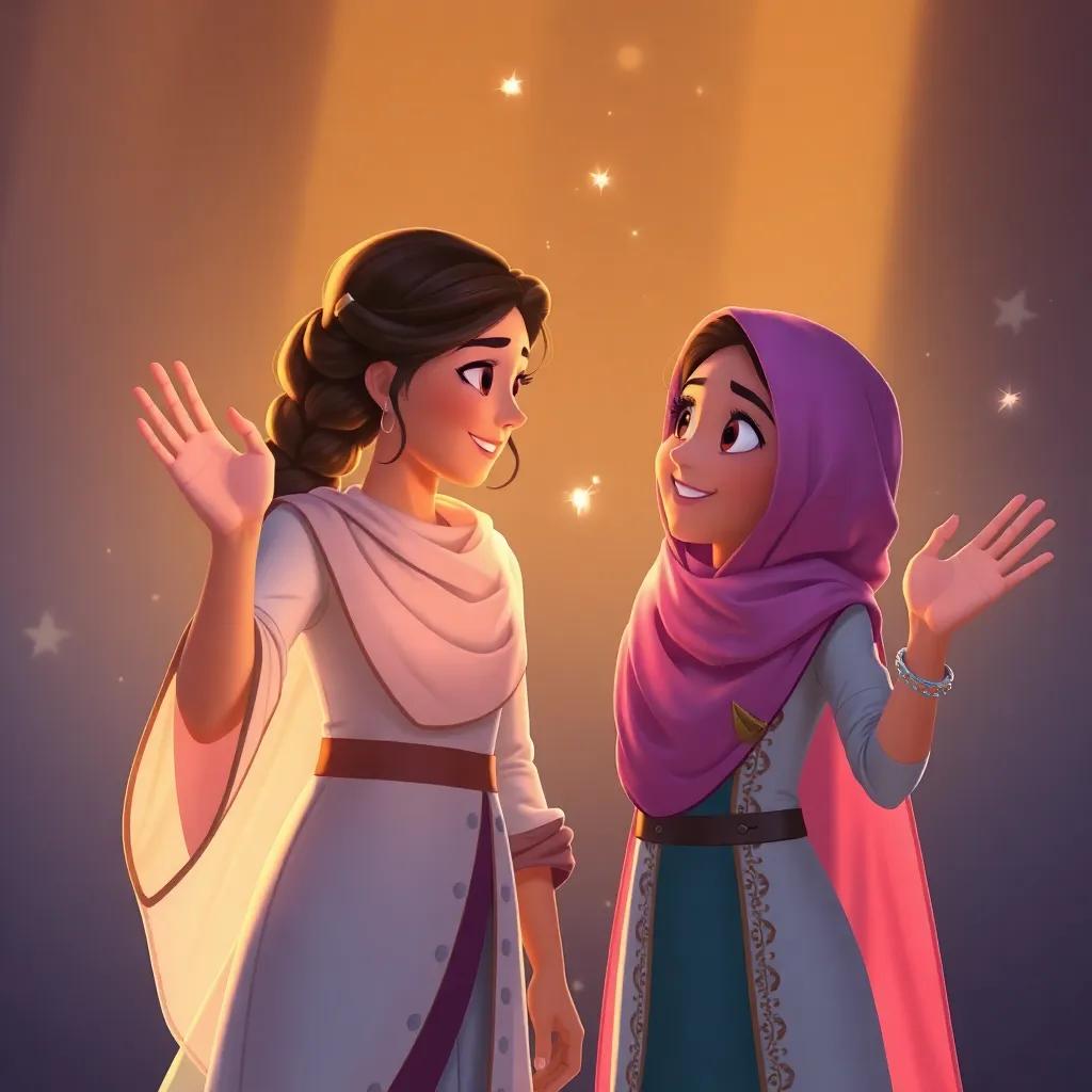 A heartfelt moment between Noura and Sarah as they wave goodbye, leaving a magical spark in the air, soft light, gentle expressions, dramatic scene, high quality