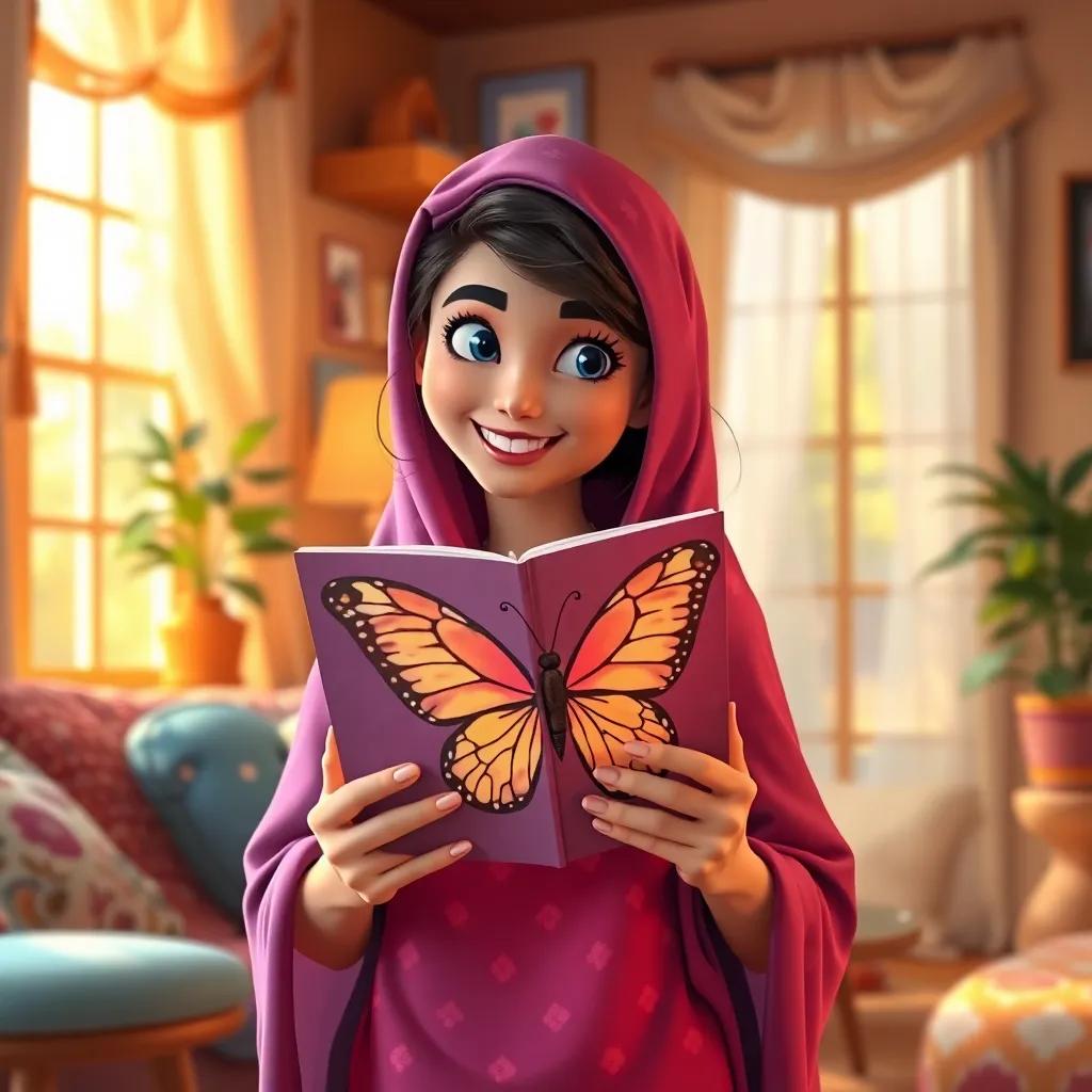 Noura back home, holding a butterfly book with a smile, looking inspired and ready to dream, warm home atmosphere, bright and inviting, high quality