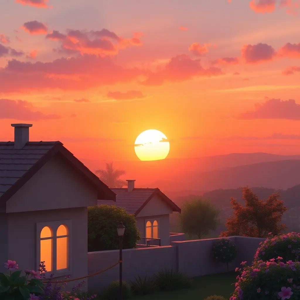 A beautiful sunset over Noura's home, symbolizing her dream and journey, soft colors, serene scenery, gentle mood, high quality