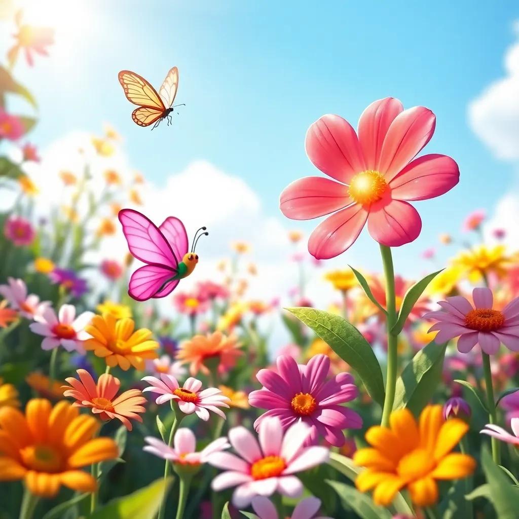 A beautiful garden filled with colorful flowers, a small butterfly named Lina flying joyfully, a vibrant flower named Lulu sparkling in bright colors, sunny day, cheerful atmosphere, digital art, warm tones, inviting scene, high quality.