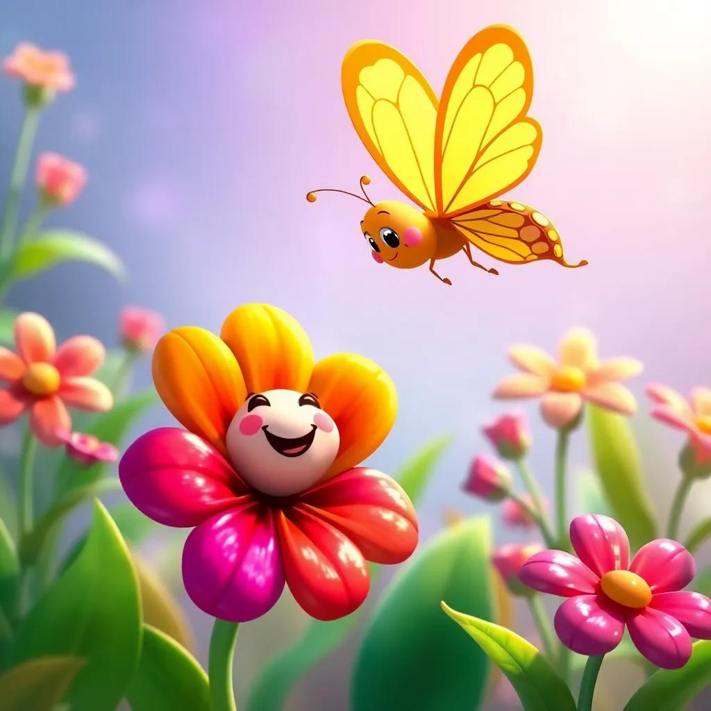 A joyful butterfly named Lina dancing in the air above the flowers, the colorful flower Lulu smiling, surrounded by bright green leaves and more flowers, playful and bright setting, illustration, child-friendly, magical atmosphere.