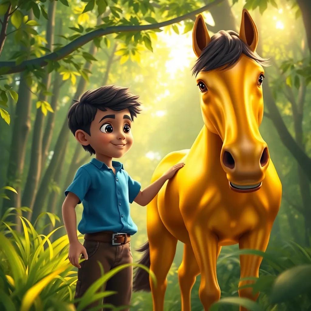 A young Arab boy, Ali, with short black hair wearing a blue shirt and brown trousers, discovering a shiny golden horse in a lush green forest with sunlight filtering through the leaves, digital art, warm colors, inviting atmosphere, high quality