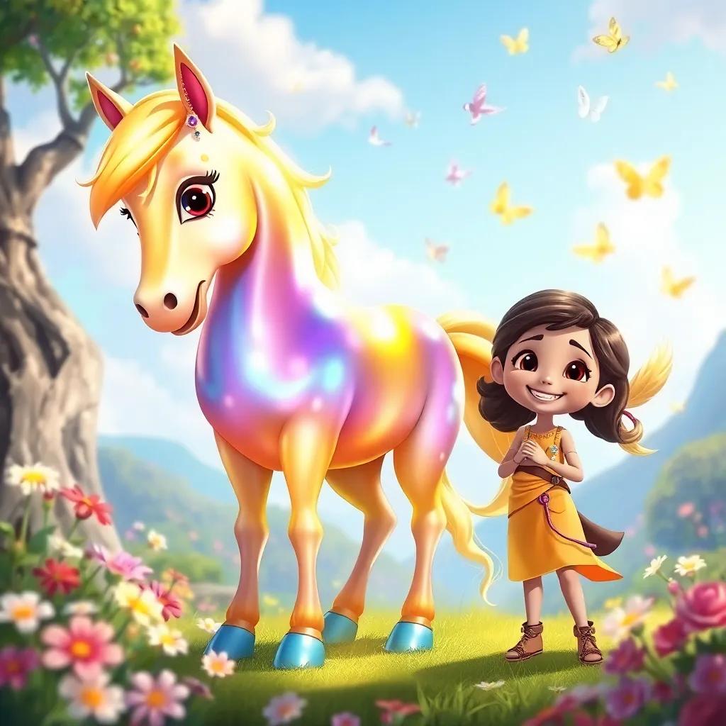 A magical golden horse shimmering in different colors, standing proudly next to Ali, who is smiling with excitement, in a vibrant fantasy landscape with flowers and butterflies, illustration, cheerful and adventurous, child-friendly
