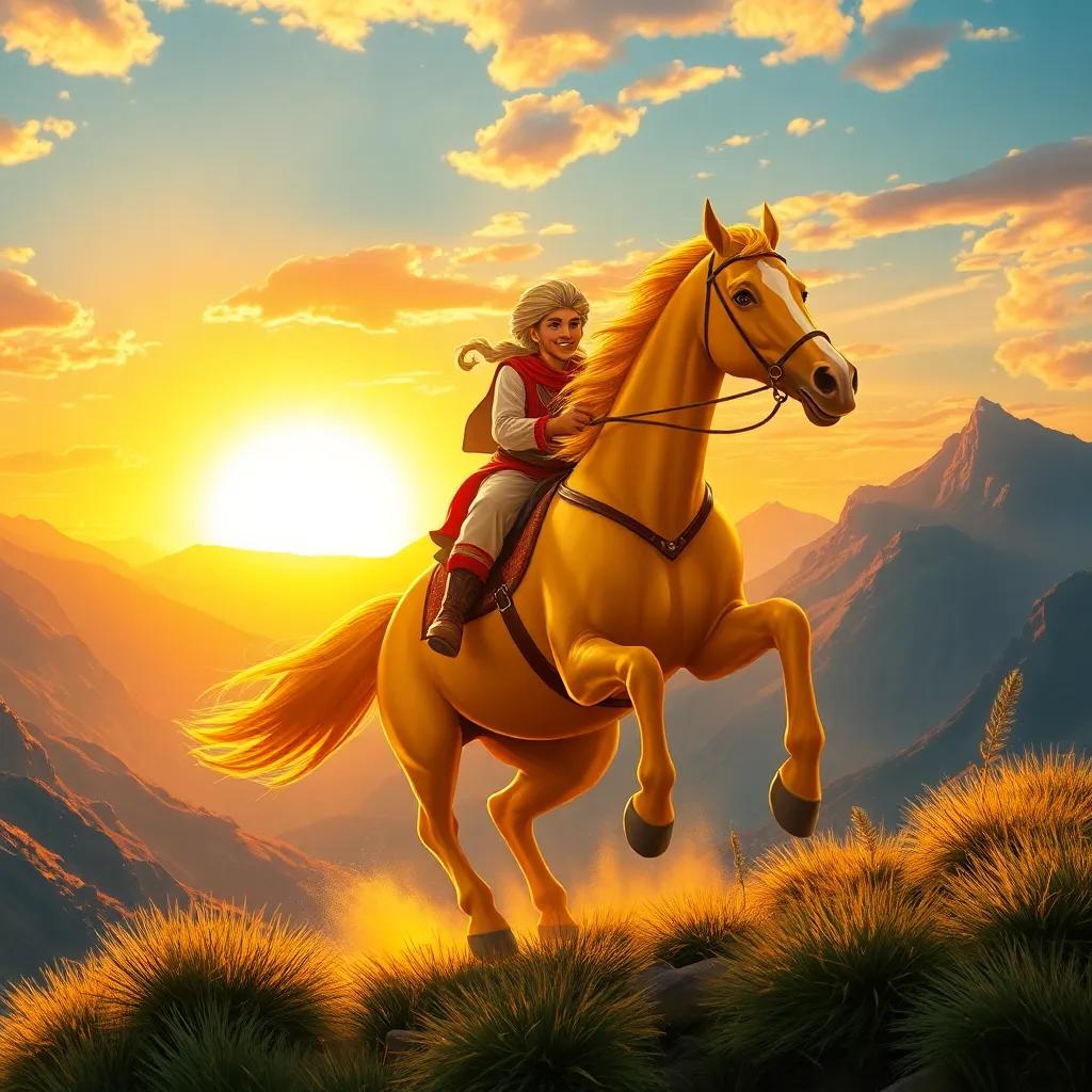 Ali and the golden horse galloping through high mountains with a beautiful sunset in the background, filled with excitement and joy, digital painting, warm golden light, uplifting imagery, high quality