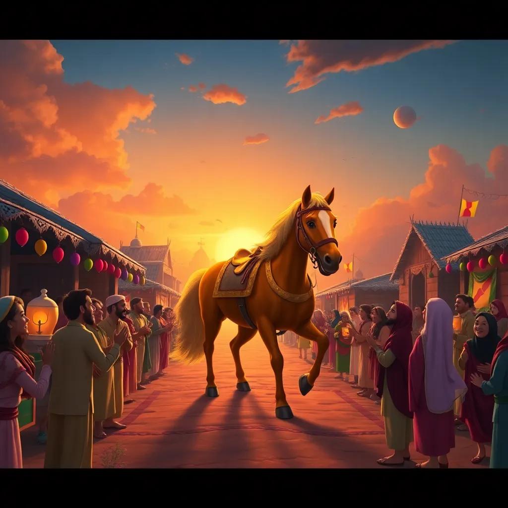 Ali returning home with the golden horse, surrounded by happy villagers celebrating his adventures, colorful decorations and a warm sunset, digital art, uplifting scene, rich colors, high quality
