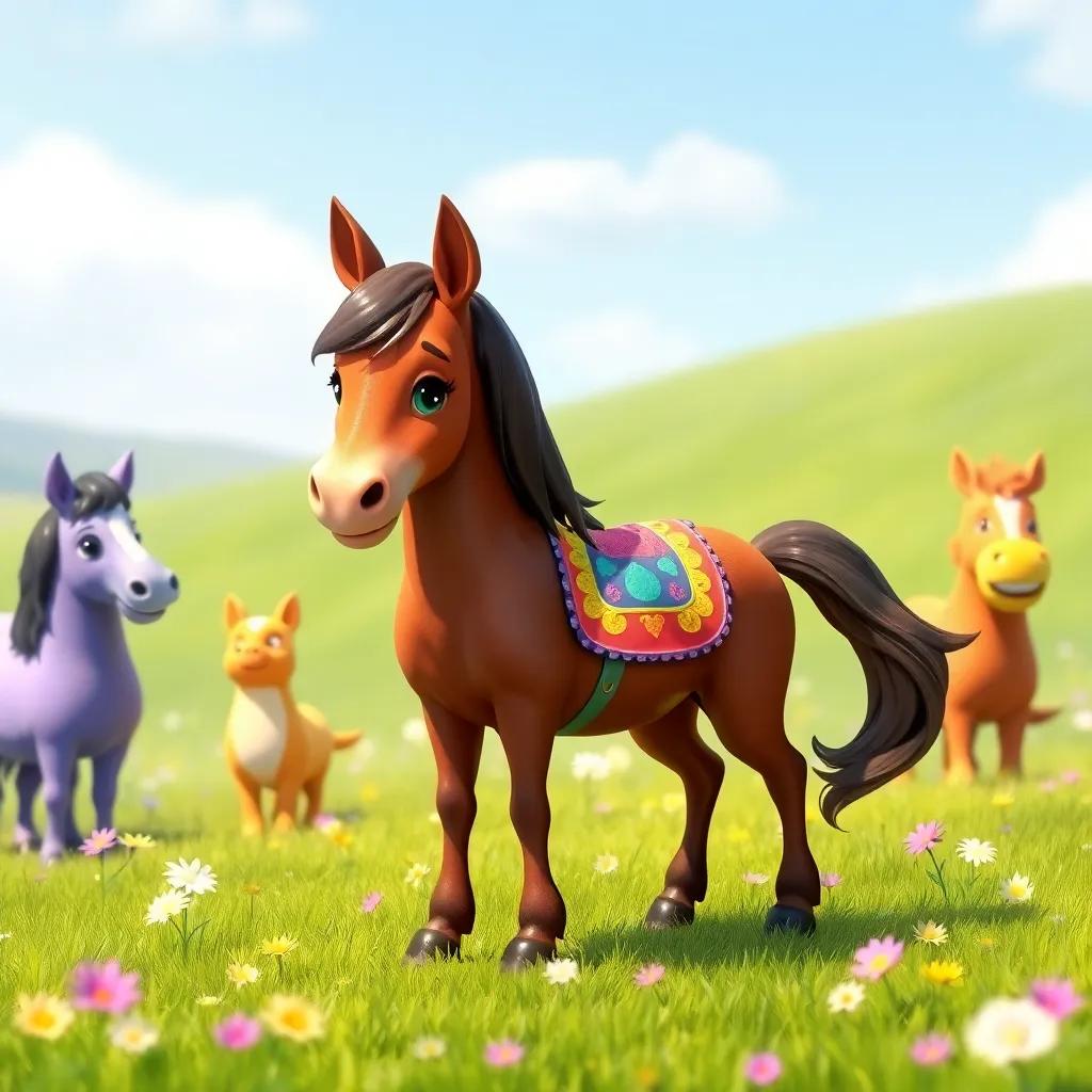 A small horse, Layla, with shiny brown fur, wearing a colorful saddle, standing in a green meadow surrounded by flowers and her friends, digital art, cheerful, vibrant colors, sunny atmosphere, high quality