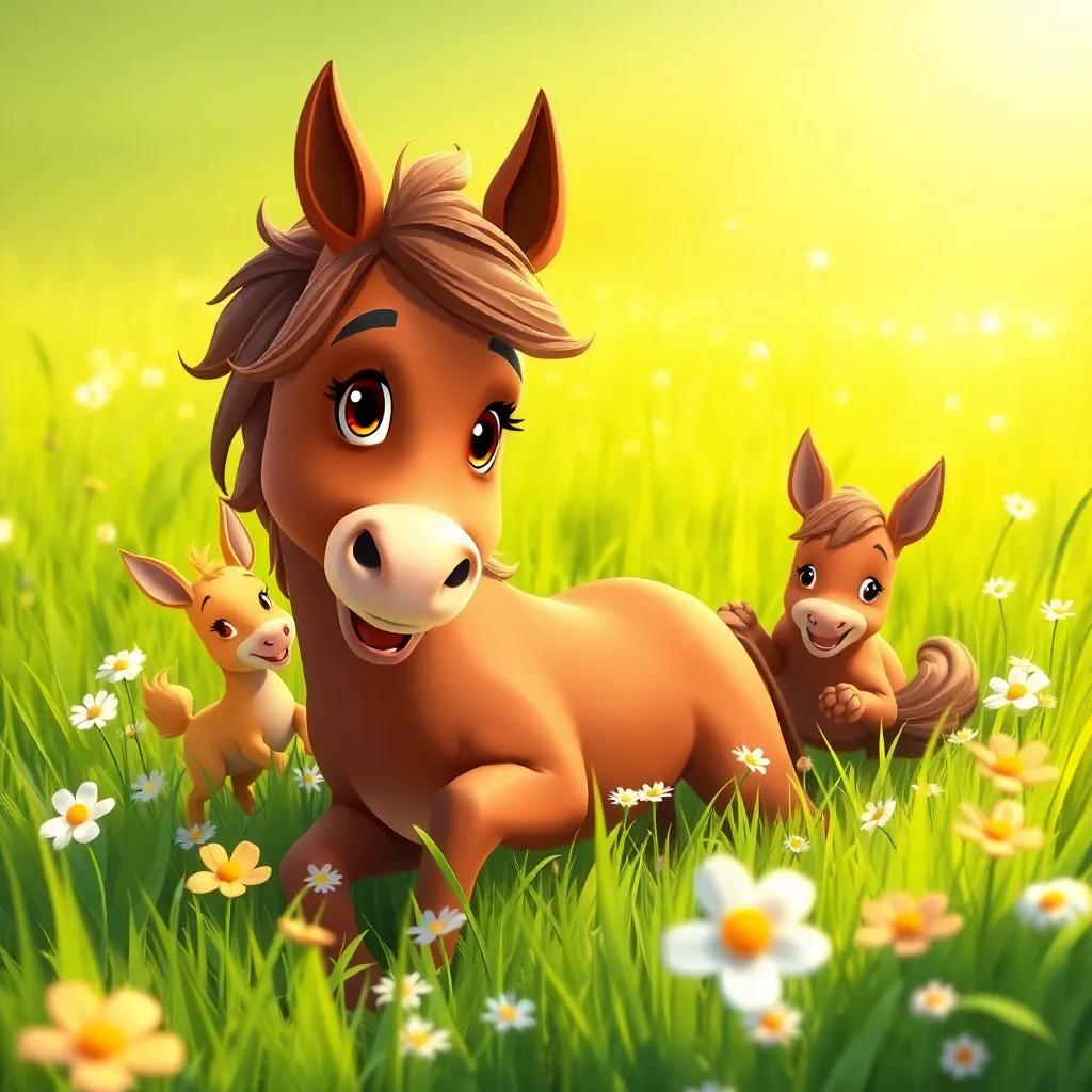 Layla, a small brown horse, playing hide and seek with friends in a bright green field, flowers blossoming around them, exciting and playful, detailed illustration, joyful, inviting atmosphere