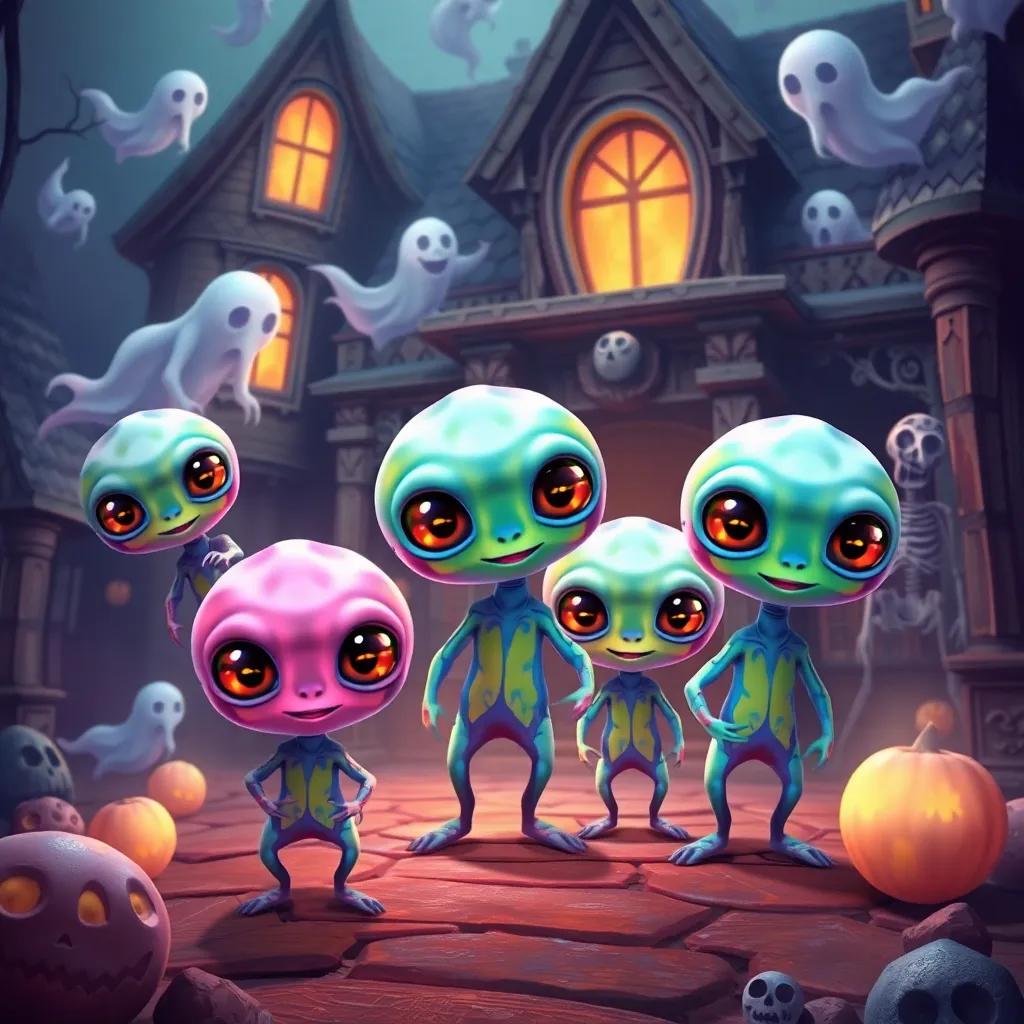 A group of cute aliens with colorful, coral-like skin and beautiful eyes, landing clumsily in a spooky old house with ghosts and skeletons lurking around, detailed digital art, bright colors, humorous and playful atmosphere, high quality