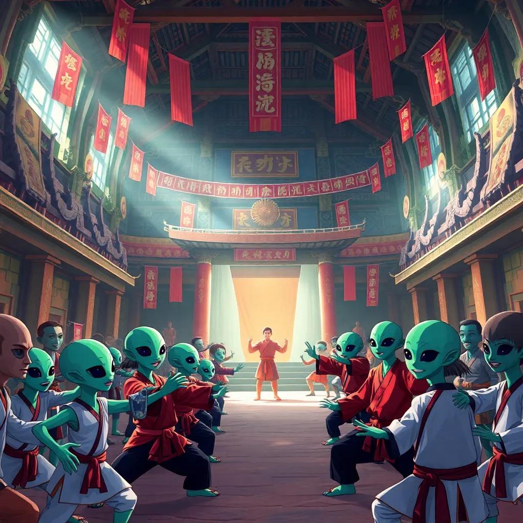 A large, ancient temple filled with martial arts motifs, where aliens are training with Earth’s martial artists, colorful banners hanging, bright light streaming in, dynamic scene of teamwork, joyful expressions, illustration, vibrant storytelling, child-friendly