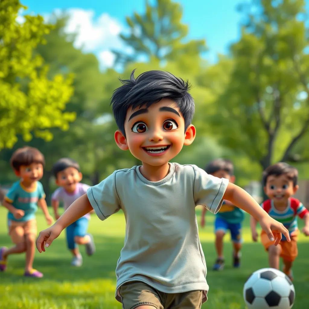 A young Arab boy, Sami, with short black hair, wearing a t-shirt and shorts, playing football with friends in a green park, joyful atmosphere, bright sunlight, children laughing, colorful, digital art, high quality