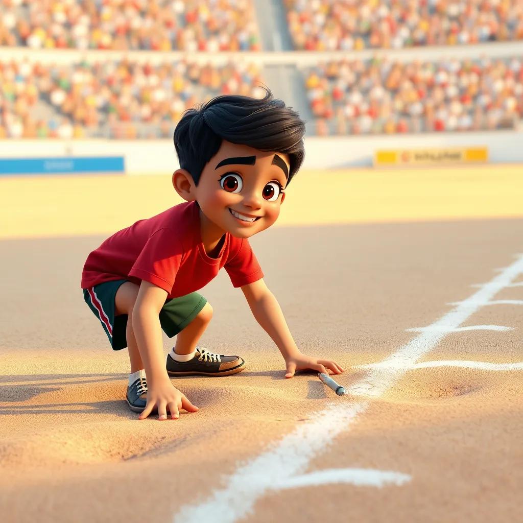 A young Arab boy, Sami, with short black hair, wearing a t-shirt and shorts, helping draw lines in the sand for a football field, cheerful expressions, playful, colorful, digital art, high quality