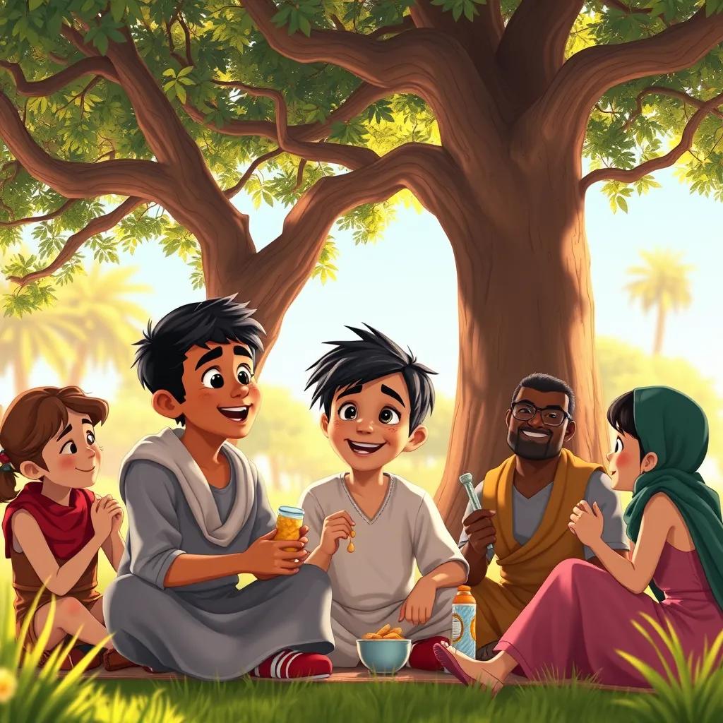 A young Arab boy, Sami, with short black hair, sitting under a large tree with friends, enjoying a snack, sunny day, relaxed atmosphere, warm light, laughter, colorful, digital art, high quality