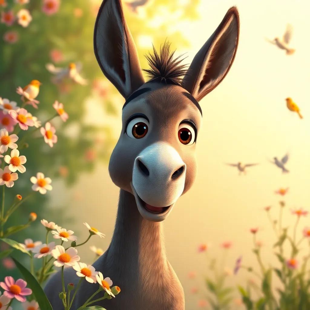 A donkey, Hassan's friend, with big expressive eyes, standing beside Hassan, surrounded by blooming flowers and chirping birds, looking happy and content, warm light, whimsical art, engaging scene, high quality