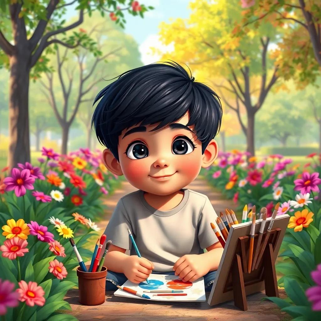 A young boy named Yasin, with dark hair and bright eyes, sitting in a park with his painting supplies, surrounded by colorful flowers and trees, digital art, vibrant colors, cheerful atmosphere, inviting perspective, high quality