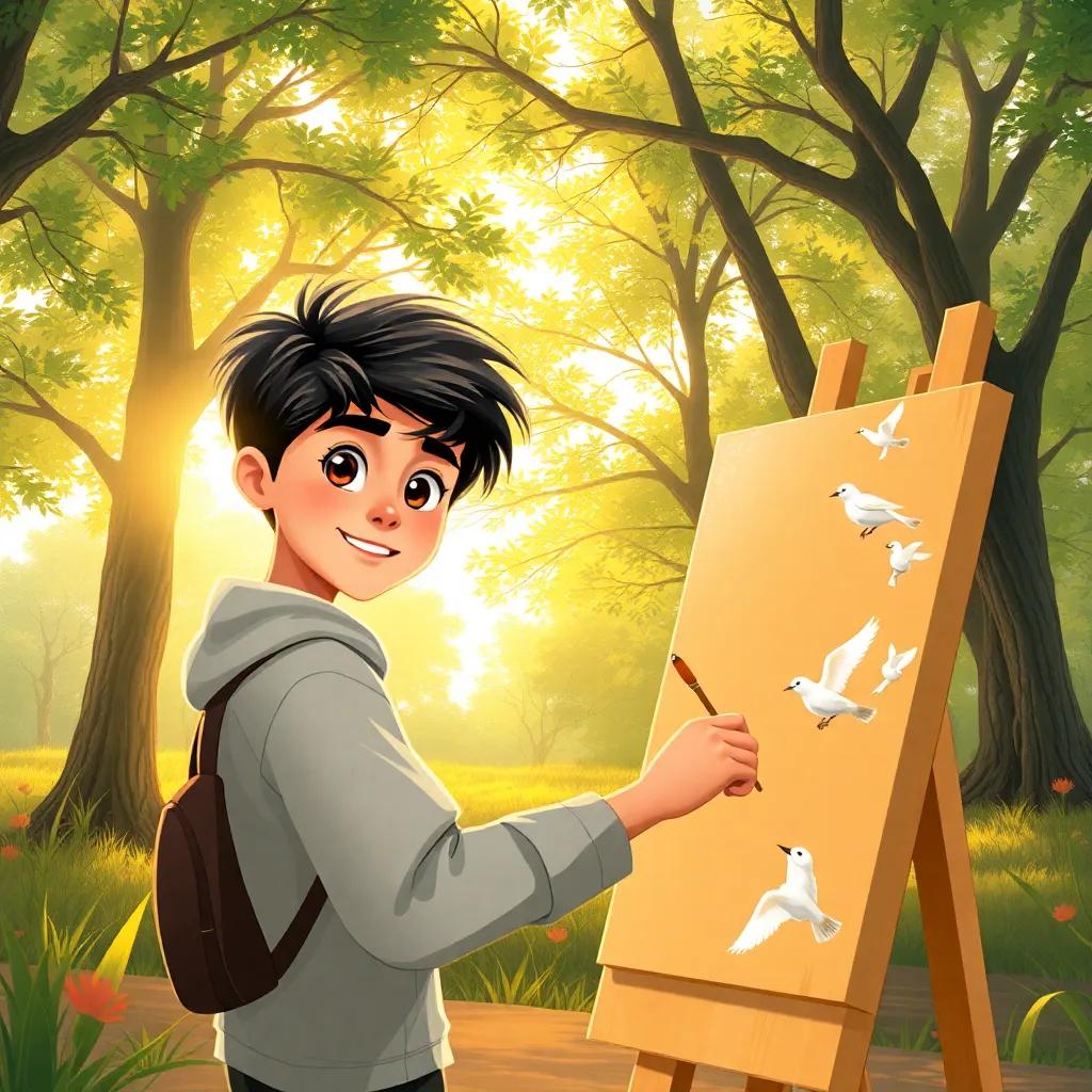 Yasin, a talented boy with dark hair and bright eyes, painting a large canvas in the park, birds singing and sunlight shining through the trees, detailed illustration, warm light, cheerful setting, engaging view, high quality